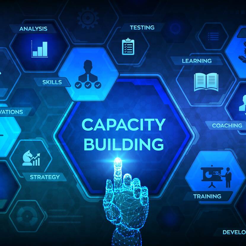 Capacity building concept on virtual screen. Training Learning Knowledge Skills Planning Strategy Coaching Support Development icons. Robotic hand touching digital interface. Vector illustration